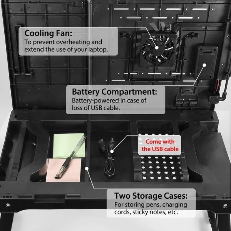 Foldable Laptop Table Bed Notebook Desk With Cooling Fan Mouse Board LED Light 4 XUSB Ports Breakfast Snacking Tray