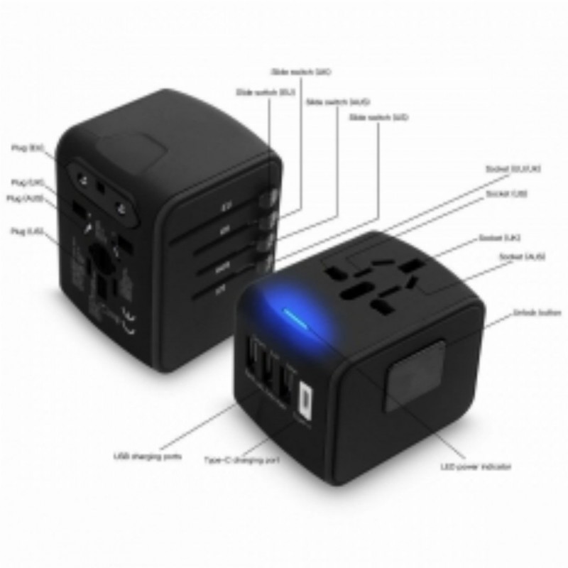 Universal Travel Adapter 3 USB & Type-C Outlet Converter US-UK-EU-AU Plug Power--Black