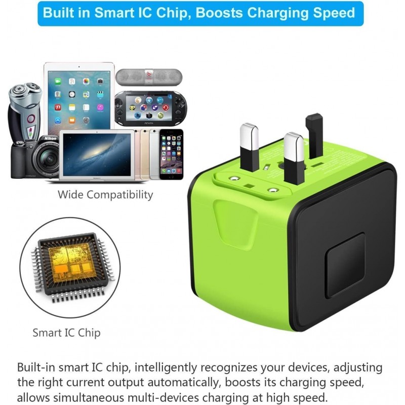 Universal Travel Adapter 3 USB & Type-C Outlet Converter US UK  EU AU Plug Power  Green