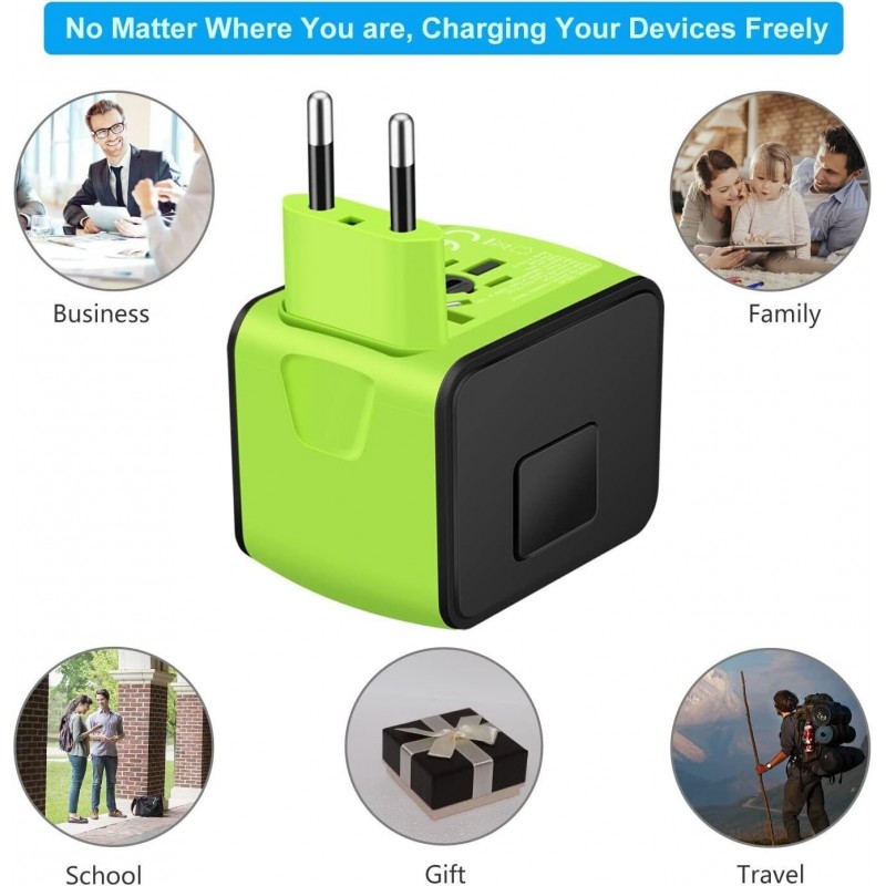 Universal Travel Adapter 3 USB & Type-C Outlet Converter US UK  EU AU Plug Power  Green