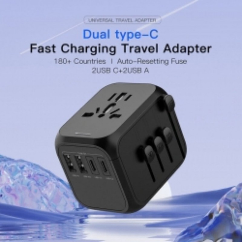 Universal Travel Adapter 3 USB & Type-C Outlet Converter US-UK-EU-AU Plug Power--Black