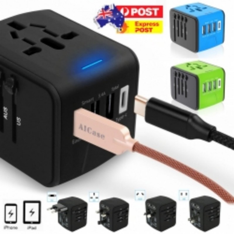 Universal Travel Adapter 3 USB & Type-C Outlet Converter US-UK-EU-AU Plug Power--Black