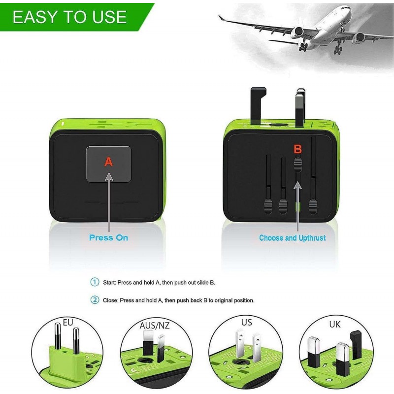 Universal Travel Adapter 3 USB & Type-C Outlet Converter US UK  EU AU Plug Power  Green