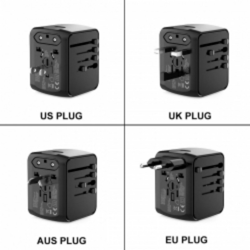Universal Travel Adapter 3 USB & Type-C Outlet Converter US-UK-EU-AU Plug Power--Black