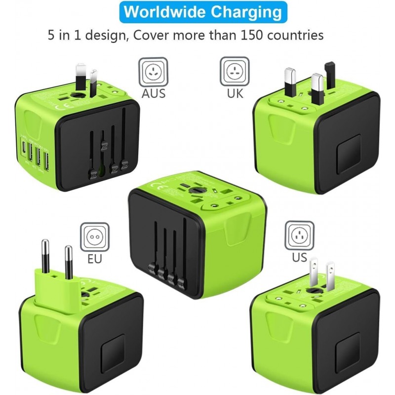 Universal Travel Adapter 3 USB & Type-C Outlet Converter US UK  EU AU Plug Power  Green