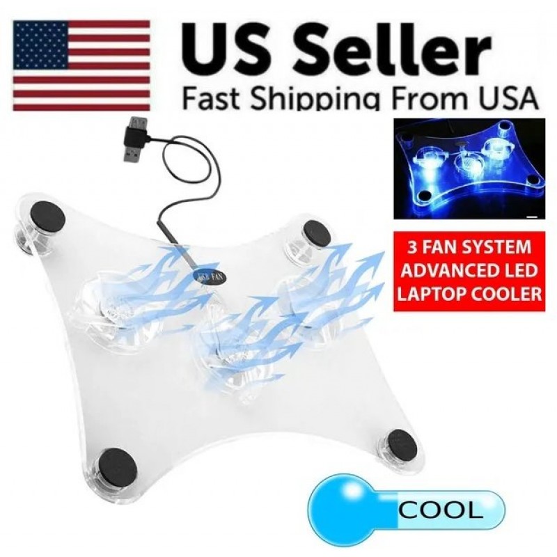 3 Fans USB Cooler Cooling Pad Stand LED Light Radi...