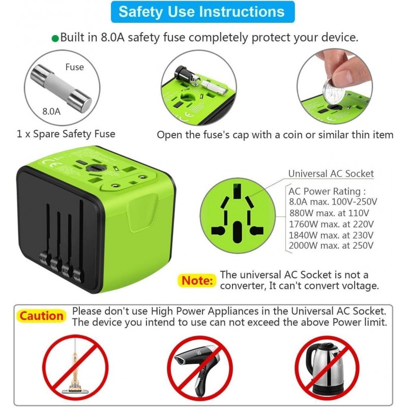 Universal Travel Adapter 3 USB & Type-C Outlet Converter US UK  EU AU Plug Power  Green