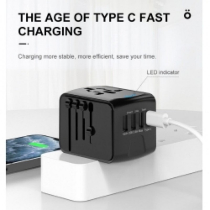 Universal Travel Adapter 3 USB & Type-C Outlet Converter US-UK-EU-AU Plug Power--Black
