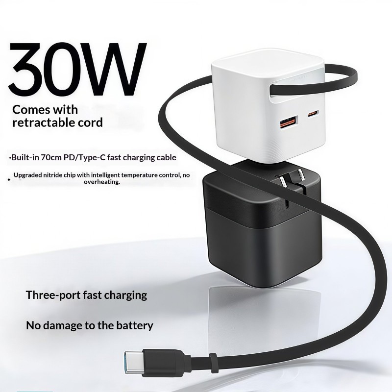 30W GaN Retractable Fast Charger Compatible With A...