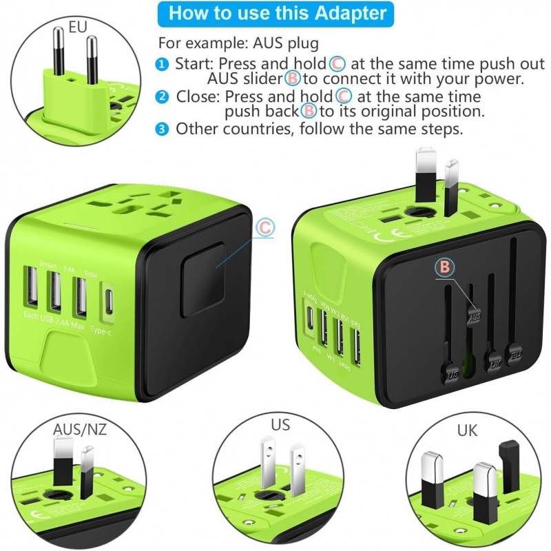 Universal Travel Adapter 3 USB & Type-C Outlet Converter US UK  EU AU Plug Power  Green