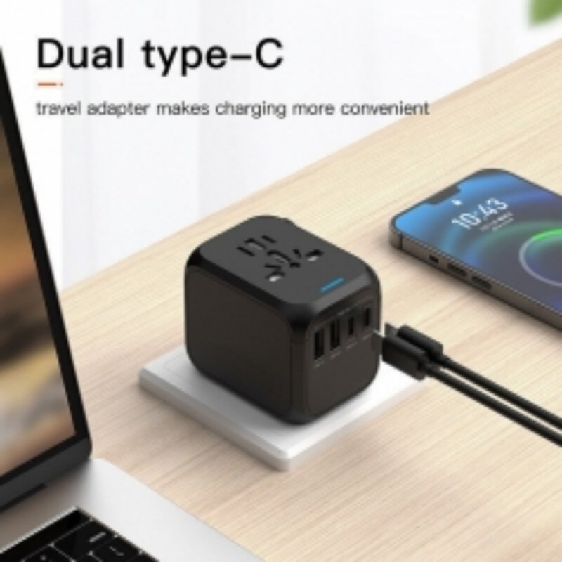 Universal Travel Adapter 3 USB & Type-C Outlet Converter US-UK-EU-AU Plug Power--Black