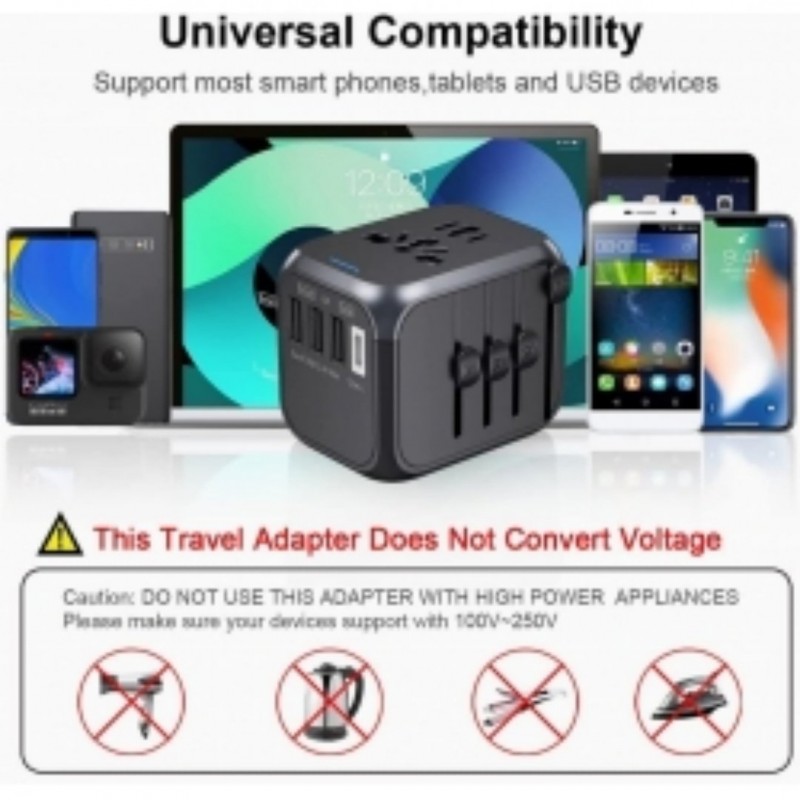 Universal Travel Adapter 3 USB & Type-C Outlet Converter US-UK-EU-AU Plug Power--Black